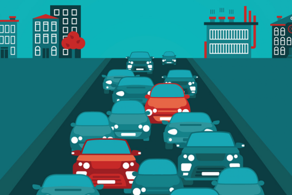 Illustrated photos of cars driving down a freeway