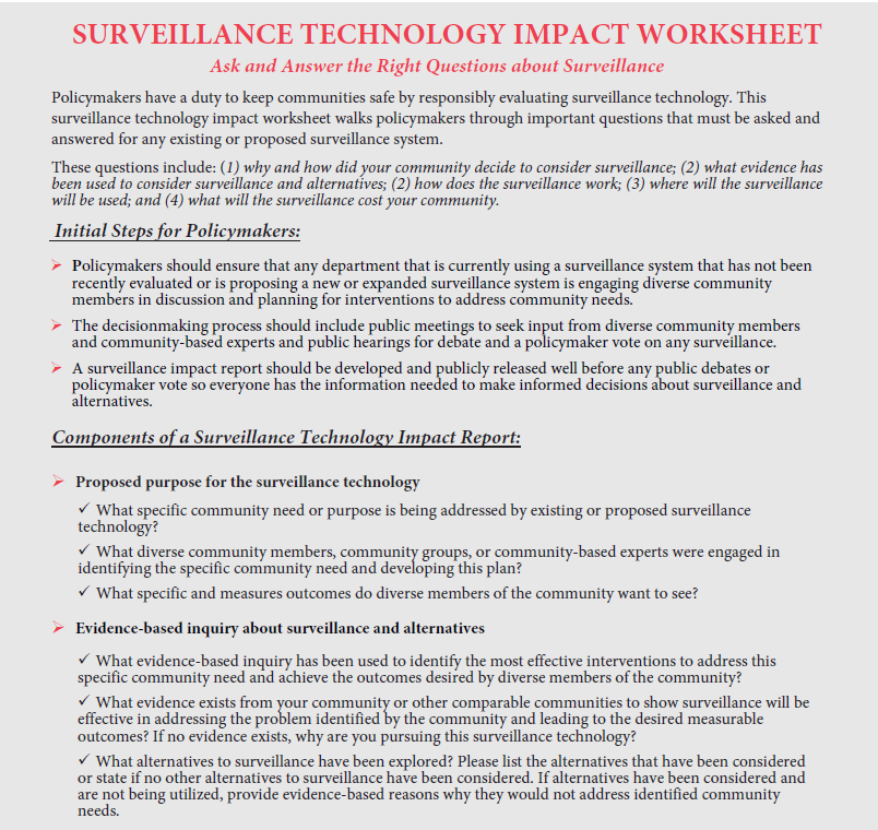 Cover page of surviellance technology impact report worksheet. Background is grey, with a red title and black text. Font is too small to read.