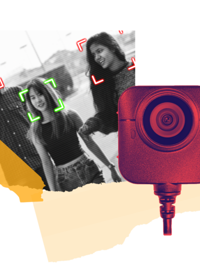 Collage of three people in black and white photo being scanned by face surveillance technology. In the botom right is a picture of a camera tainted red. On the left is an outline of the state of California