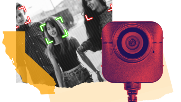 Collage of three people in black and white photo being scanned by face surveillance technology. In the botom right is a picture of a camera tainted red. On the left is an outline of the state of California