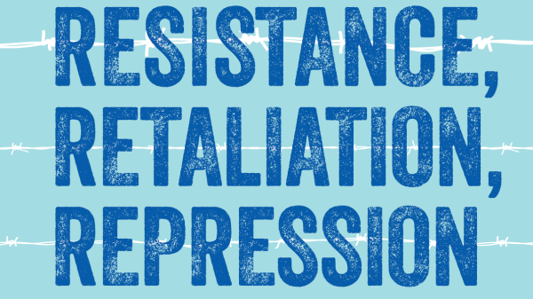 Light blue background, blue bold text that reads resistance, retaliation, repression.