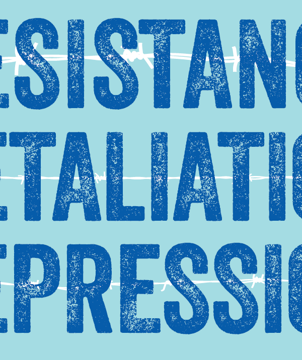 Light blue background, blue bold text that reads resistance, retaliation, repression.
