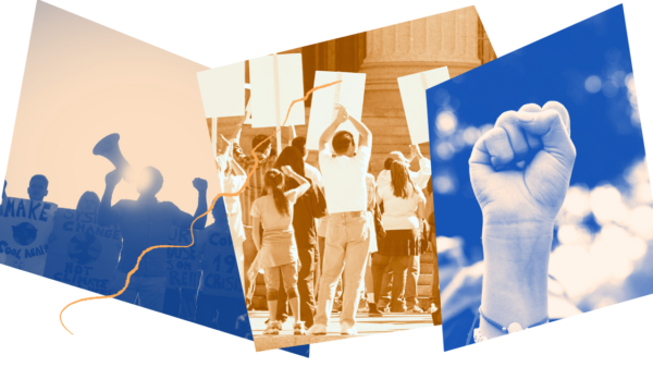 collage with protestors and raised fist