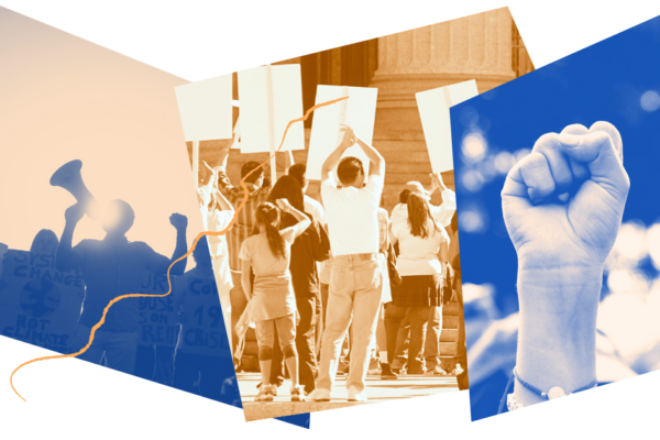 collage with protestors and raised fist
