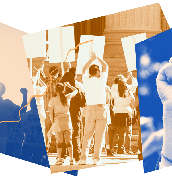 collage with protestors and raised fist