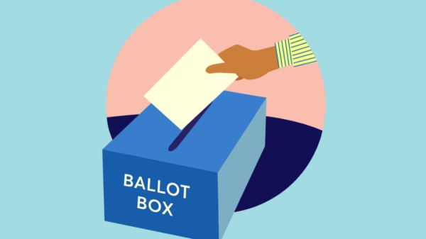 Graphic for "Your Voice, Your Vote" with hand putting ballot in ballot box