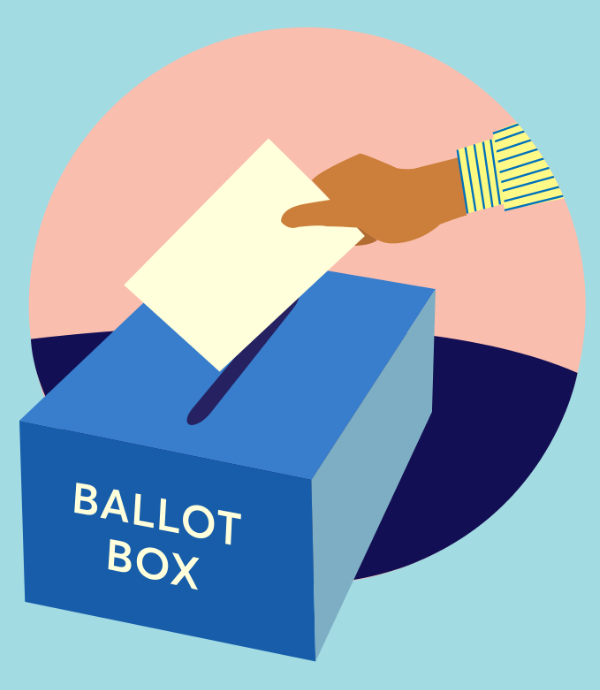 Graphic for "Your Voice, Your Vote" with hand putting ballot in ballot box