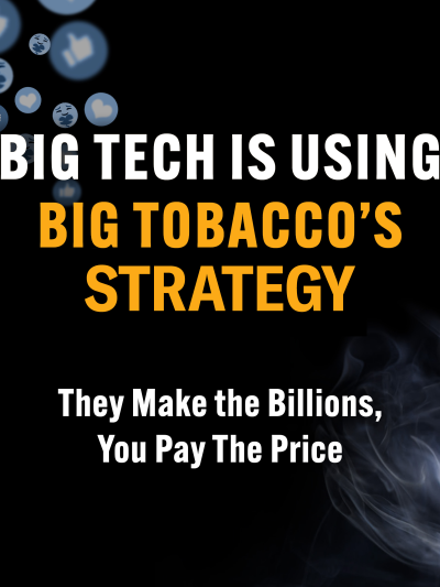 Graphic with smoke in bottom left corner, emojis in top right. Text reads "Big Tech is Using Big Tobacco's Strategy"