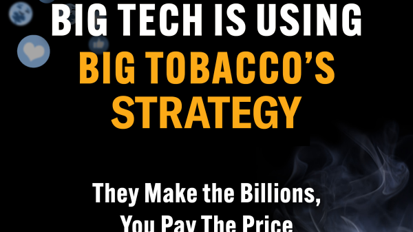 Graphic with smoke in bottom left corner, emojis in top right. Text reads "Big Tech is Using Big Tobacco's Strategy"