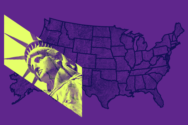 image of map of USA overlaid with Statue of Liberty