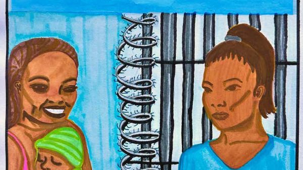 A drawing of two women, one holding a newborn, separated by prison bars.