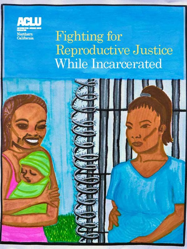 A drawing of two women, one holding a newborn, separated by prison bars.