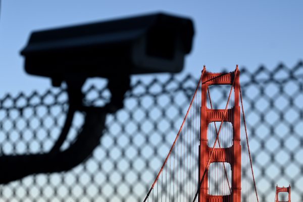 Picture of a surveillance camera near the Golden Gate bridge.