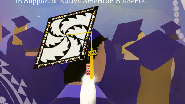 Cover of report with an illustration of a native student graduating