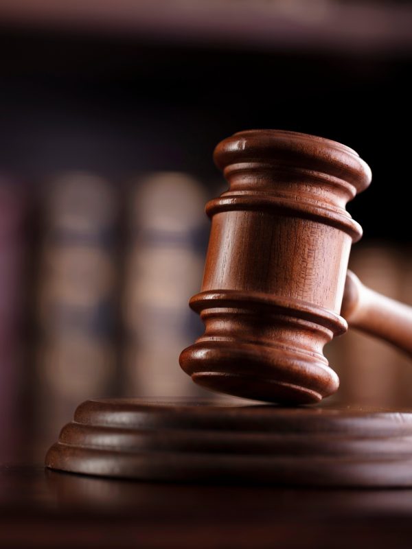 A judge's gavel with law books behind on a shelf behind it.