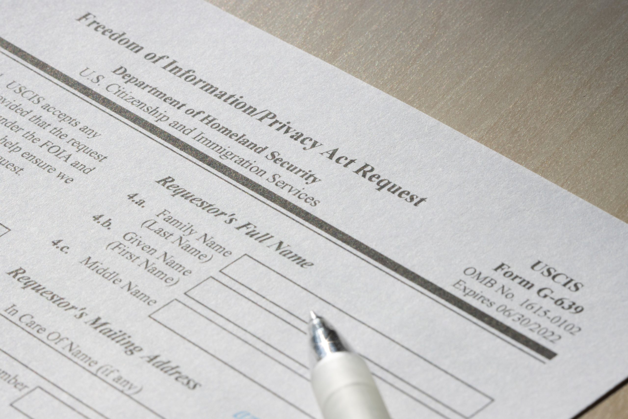 Closeup of Form G-639, Freedom of Information Privacy Act Request