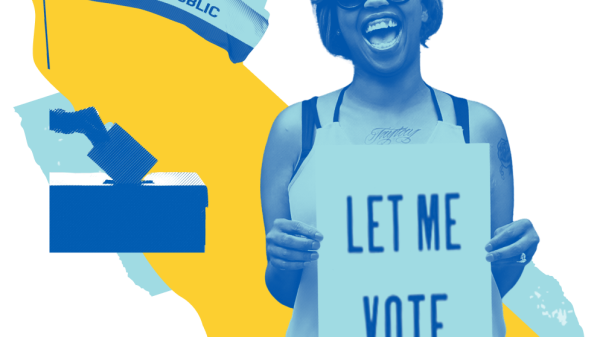 california outline and flag with person holding sign saying Let Me Vote