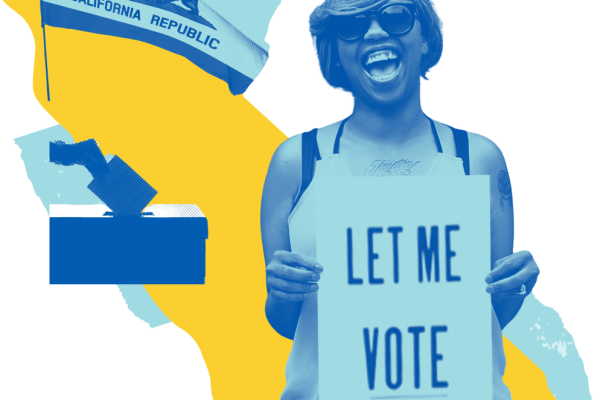 california outline and flag with person holding sign saying Let Me Vote