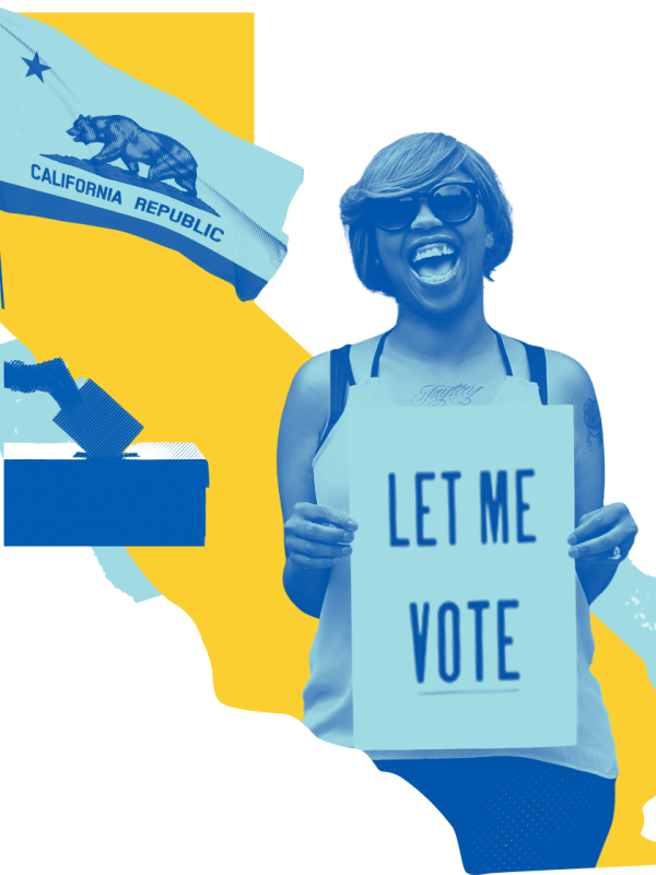california outline and flag with person holding sign saying Let Me Vote
