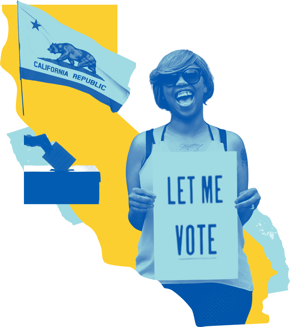 california outline and flag with person holding sign saying Let Me Vote