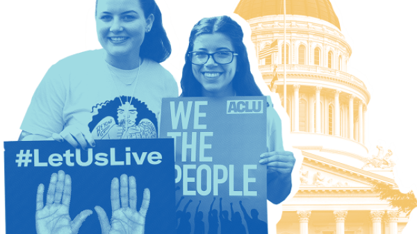 two activists with signs by california state capitol