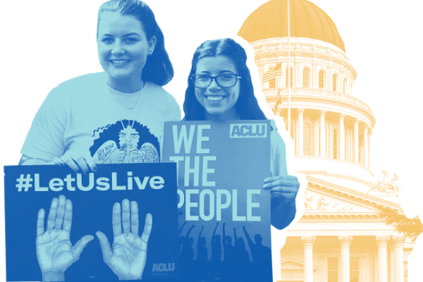 two activists with signs by california state capitol