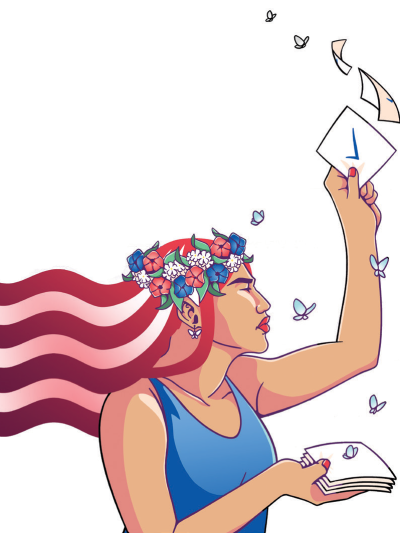 lady holding up a ballot. artwork by jackie fawn.