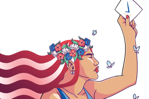 lady holding up a ballot. artwork by jackie fawn.