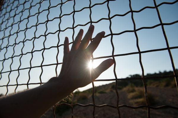 hand on wire fence