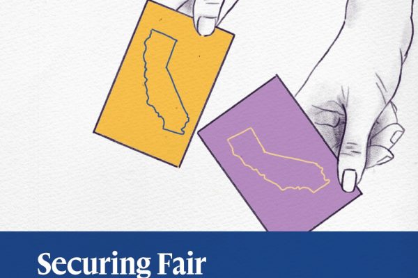 Cover of Securing Fair Representation report with hands holding paper ballots with the state outline on them