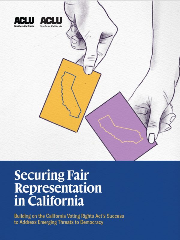 Cover of Securing Fair Representation report with hands holding paper ballots with the state outline on them