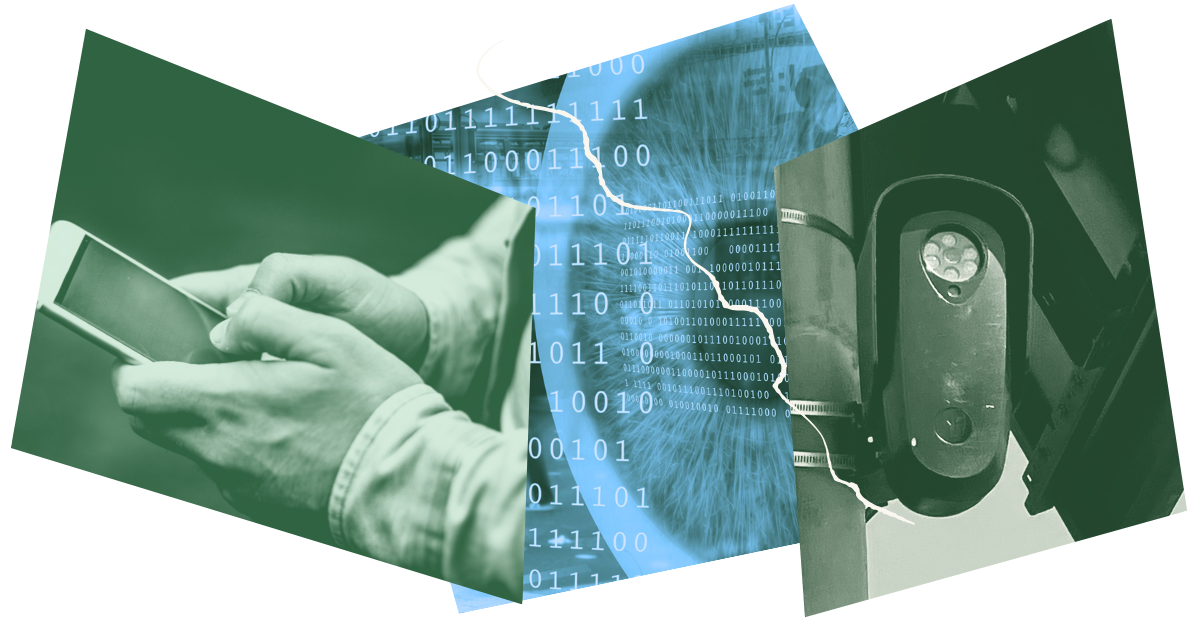 collage showing someone using a cellphone and a surveillance camera