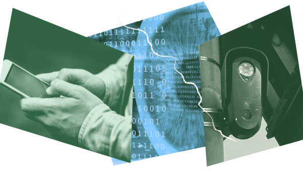 person on cell phone, eyeball, and surveillance camera