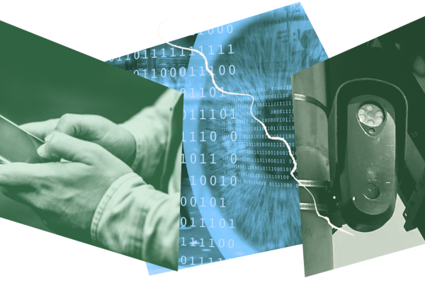 person on cell phone, eyeball, and surveillance camera