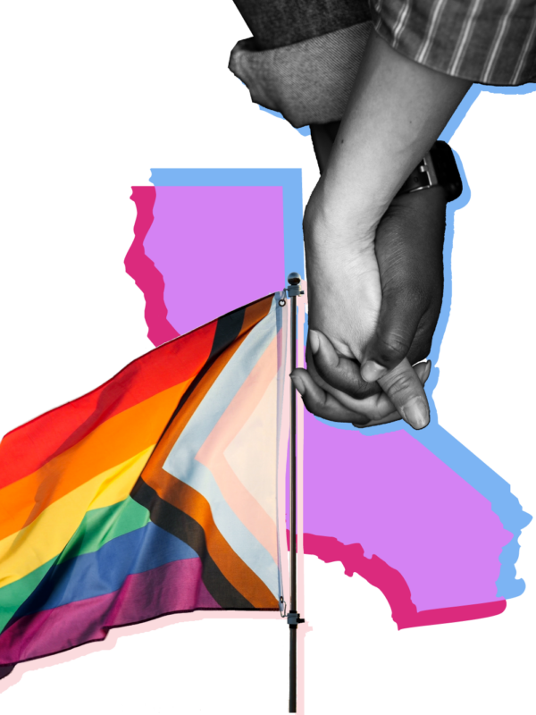 Outline of the state of California overlaid with pictures of the pride flag and two hands intertwined
