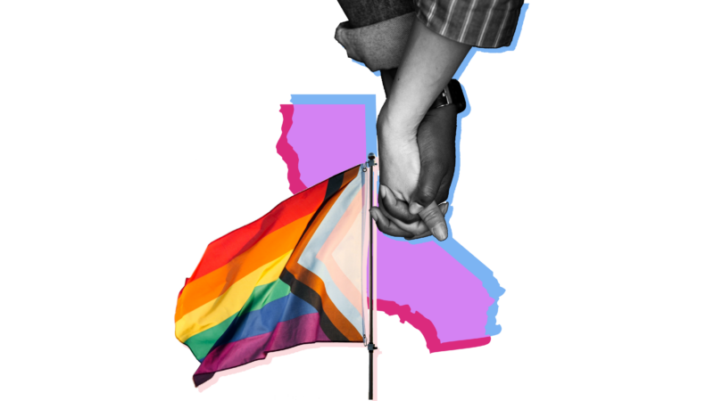 Outline of the state of California overlaid with pictures of the pride flag and two hands intertwined