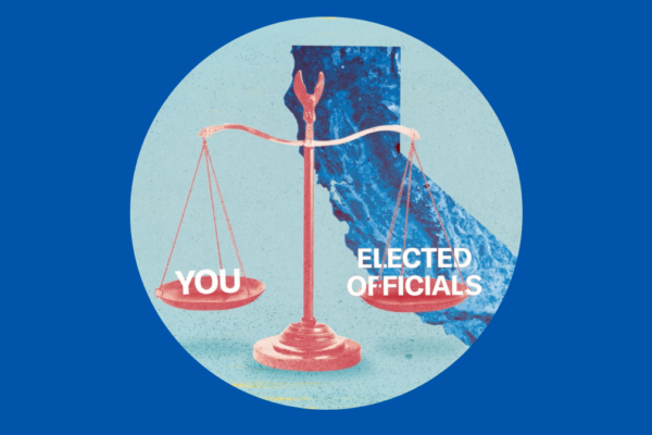 Scales of Justice overlaid on the State of California