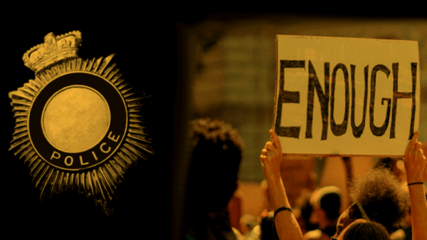 Sheriff's badge with a protestor holding a sign that says ENOUGH