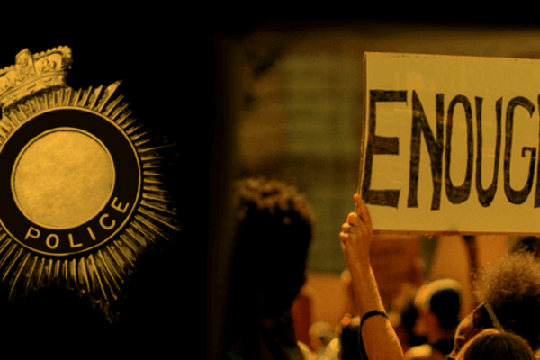 Sheriff's badge with a protestor holding a sign that says ENOUGH
