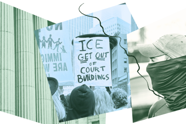 collage with courthouse pillars, activists, masked agent