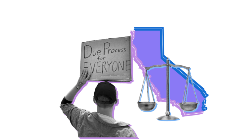 Outline of the State of California overlaid with pictures of a person holding a sign saying "Due process for EVERYONE" and the scales of justice