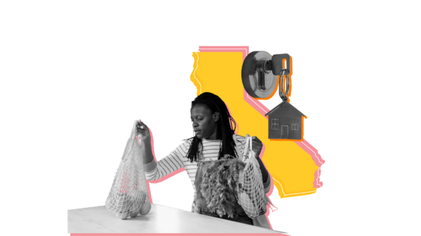 Outline of the State of California overlaid with pictures of a woman unloading groceries and a key in a lock
