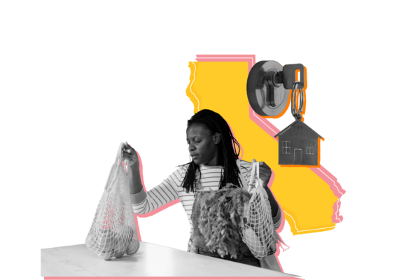 Outline of the State of California overlaid with pictures of a woman unloading groceries and a key in a lock