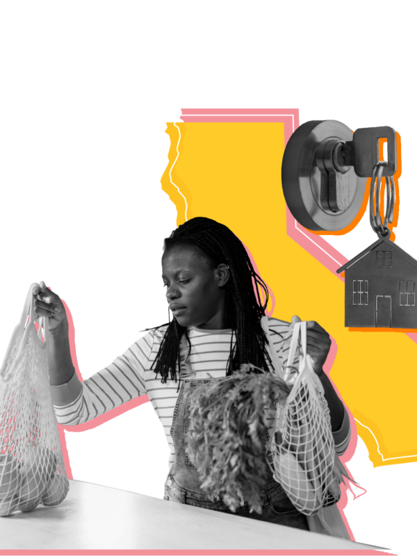 Outline of the State of California overlaid with pictures of a woman unloading groceries and a key in a lock