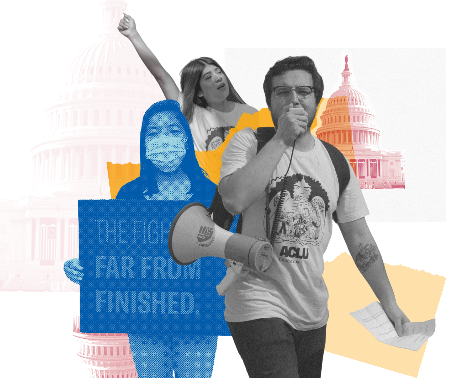 collage of activists and the California State Capitol