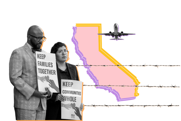 Outline of the State of California overlaid with pictures of activists holding signs saying "Keep families together" and "Keep communities whole" and a plane flying over barbed wire