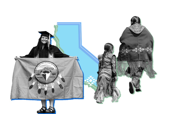 outline of the state of california overlaid with pictures of people wearing tribal regalia