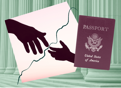 collage featuring hands reaching for each other, courthouse columns, and a US passport