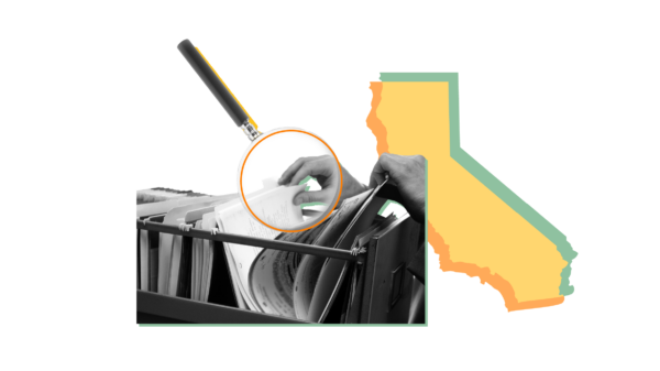 Outline of the state of California overlaid with pictures of hands going through files and a magnifying glass