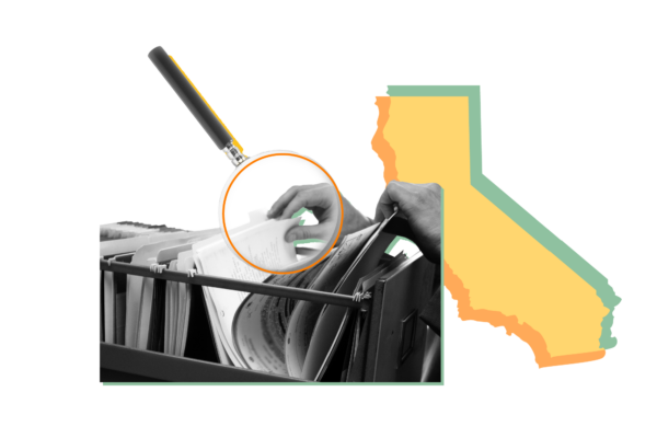 Outline of the state of California overlaid with pictures of hands going through files and a magnifying glass